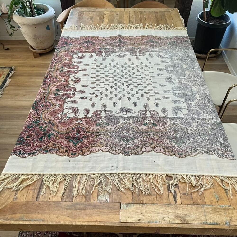 Wool Multicolor Paisley Print Shawl Wrap Fringe 56"x 57"